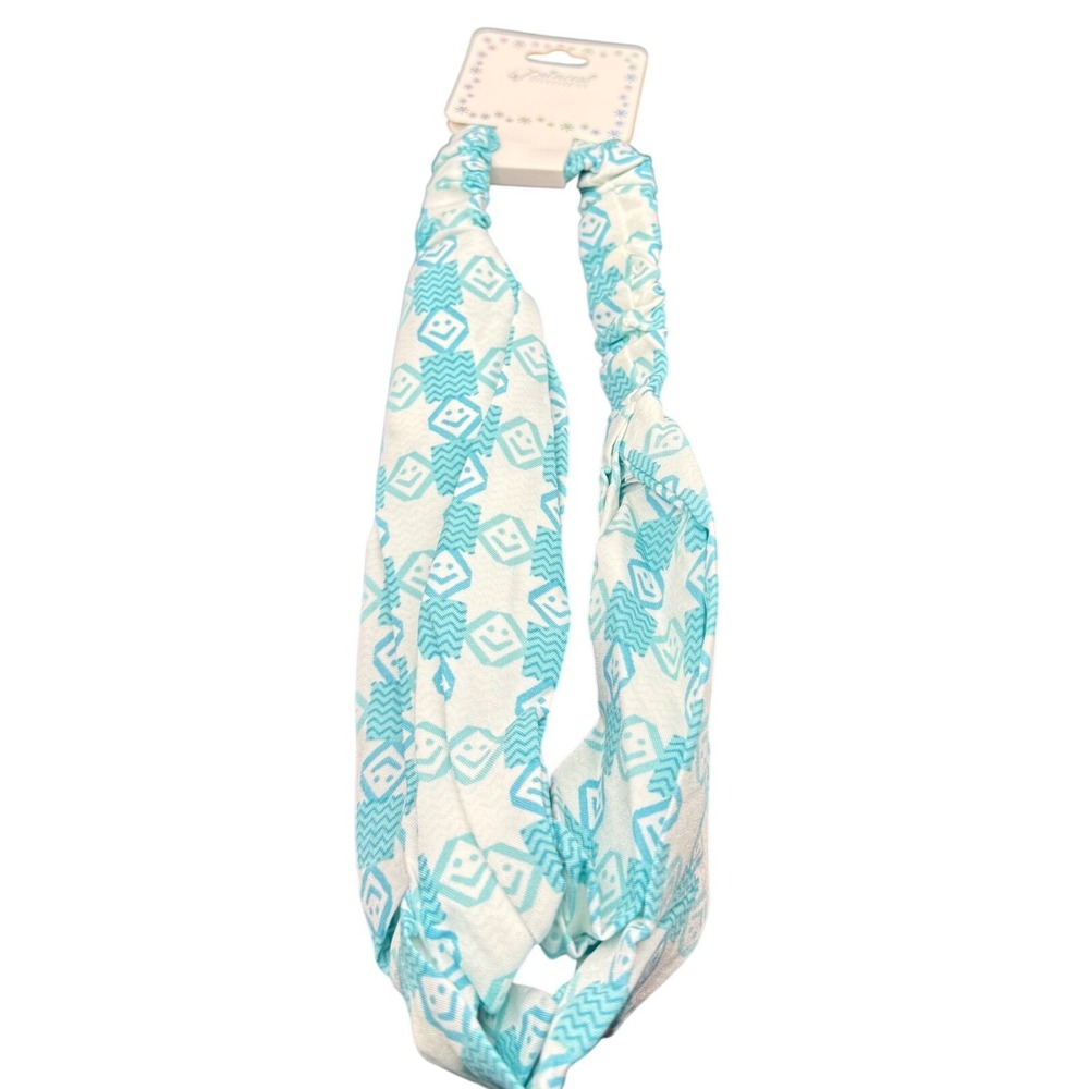 Teal White Geometric Print Twisted Knot Elastic Headband Hair Wrap NEW